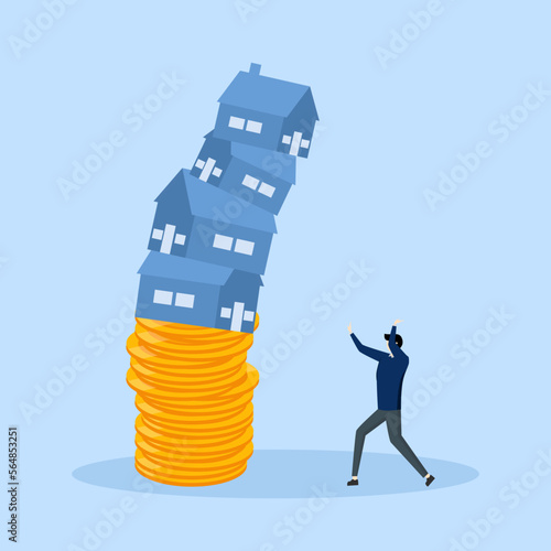 Real estate stock risk or economic recession concept, property and housing market crash, home owner entrepreneur or real estate agent helping to protect house from falling from pile of unstable coins.
