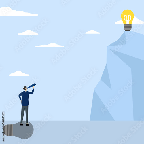looking for clear idea to see future opportunity, challenge to overcome difficulties to see real visionary concept, Businessman with binoculars looking at idea on top of mountain
