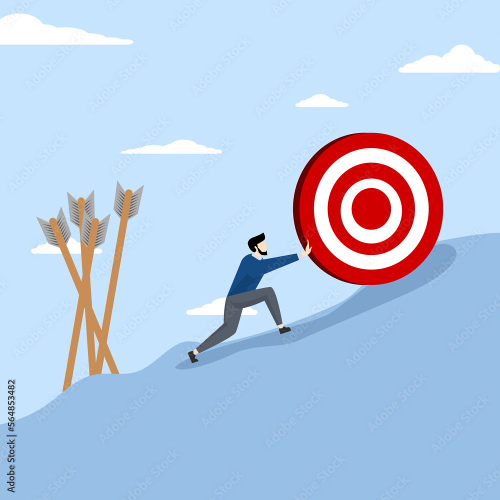 failure or obstacle, missed target, difficulty in working hard to achieve target or setting too high or unrealistic goal concept, businessman trying hard to push dartboard or arrow target up hill. failure or obstacle, missed target, difficulty in working hard to achieve target or setting too high or unrealistic goal concept, businessman trying hard to push dartboard or arrow target up hill.