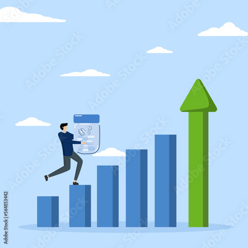 Growth stock concept, economic prosperity or growth returns in savings and investment, confident businessman investor holding a rich pink piggy bank walking over green arrow stock market bar chart.