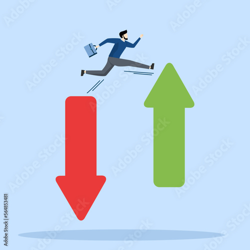 Financial Plan concept, saving and investment or stock market rebound and economic recovery concept, businessman investor confidence jumping from red arrow pointing to green.