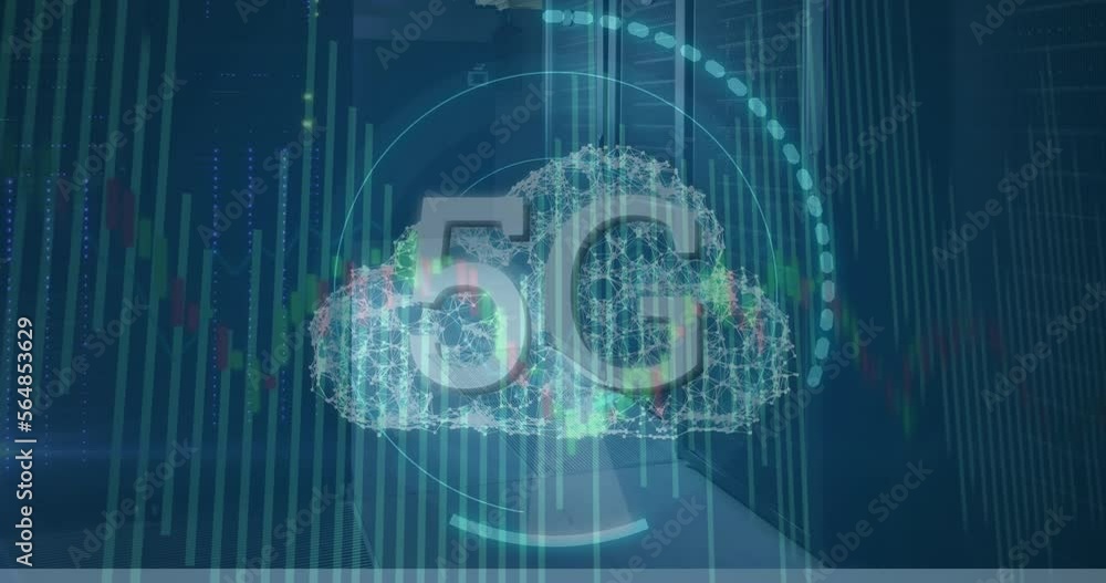Animation of 5g text in circles and connected dots forming cloud over lines Animation of 5g text in circles and connected dots forming cloud over lines