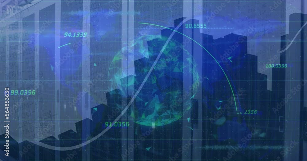 Animation of globe rotating and multiple graphs with numbers over data server racks Animation of globe rotating and multiple graphs with numbers over data server racks