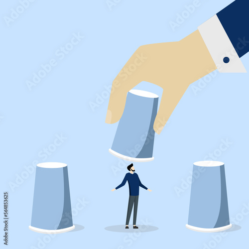 candidate selection human resources, HR, career choice or hiring manager and employment concept, employer's hand lifts selected cup to select prospective employers from cup guessing game.