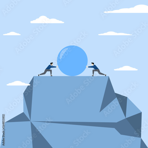 Business competition concept, knocking over each other, Leadership competition between two businessmen pushing each other big stone to eliminate competition