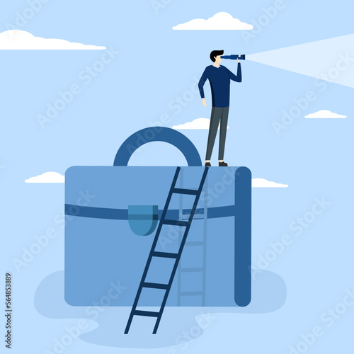 Career future concept, hope for successful job or career search, job promotion or business strategy, ambition to seek job opportunities, businessman climbing suitcase looking through binoculars.