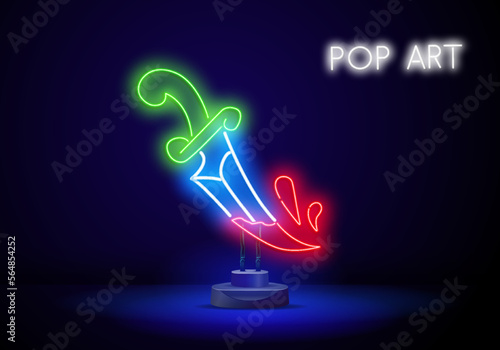 Glowing neon line Arabian saber icon isolated on brick wall background. Colorful outline concept. Vector