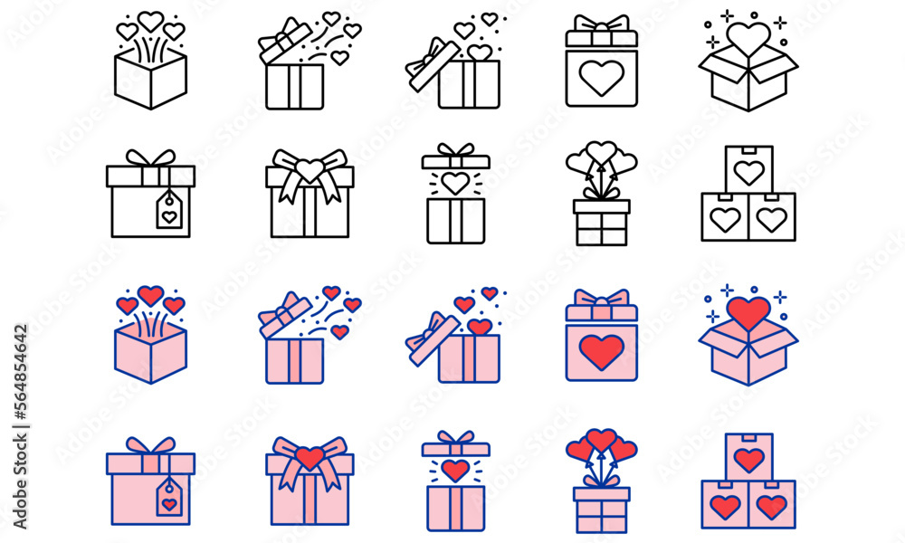 Gift heart related vector icon set. Editable vector illustration with black outline and flat colors. suitable for symbols, templates and other design purposes.