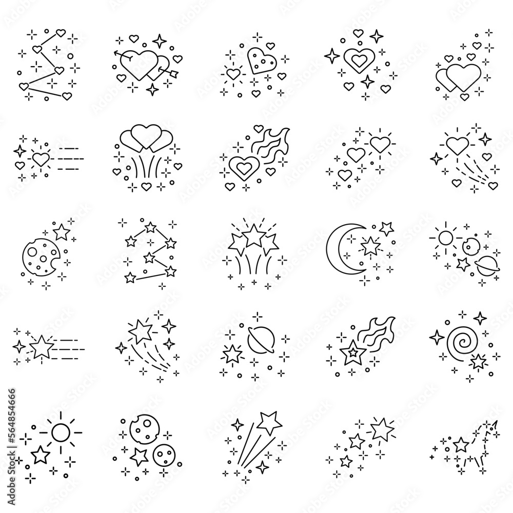 Set of related vector icons of sparkling stars and hearts. Vector illustration with editable black outline. suitable for symbols, templates and other design purposes