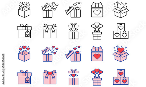 Gift heart related vector icon set. Editable vector illustration with black outline and flat colors. suitable for symbols, templates and other design purposes.