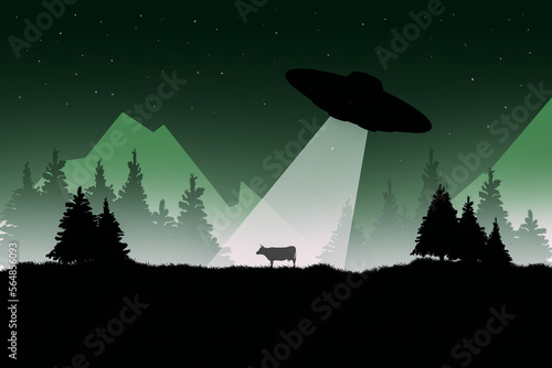 Silhouette of a cow abducted by a UFO