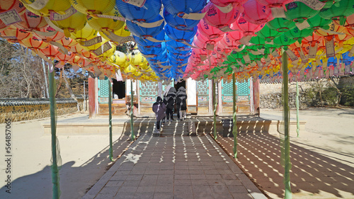 Gyeongju, Korea-Jan.24.2023 : Multi-colored lotus lanterns hanging in the yard of a temple building