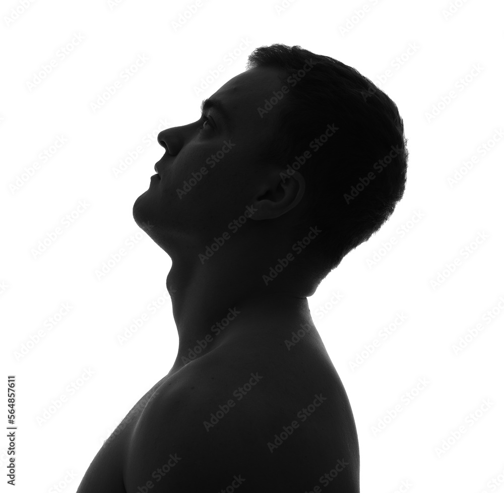 Silhouette of muscular young man on white background, closeup