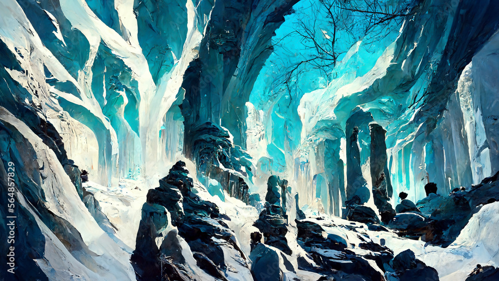 Frozen ice and snow forest scene illustration Generative AI Content by Midjourney