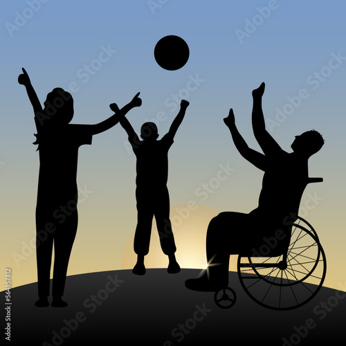 A disabled man in a wheelchair plays ball with a child and a woman at dawn. Happy family concept