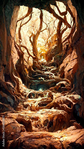 Scene inside the cave with the forest outside illustration Generative AI Content by Midjourney