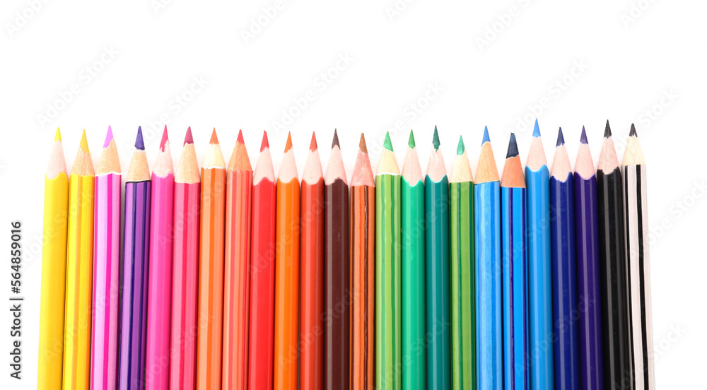 Set of colorful pencils on white background, top view Set of colorful pencils on white background, top view