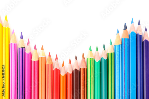 Set of colorful pencils on white background, top view