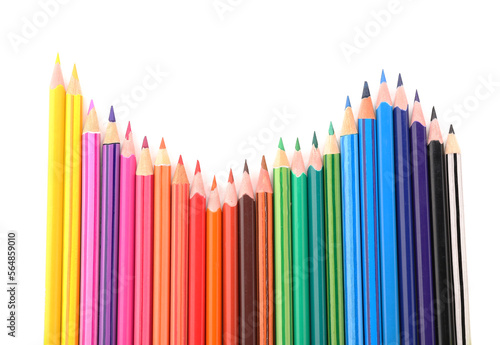 Set of colorful pencils on white background, top view