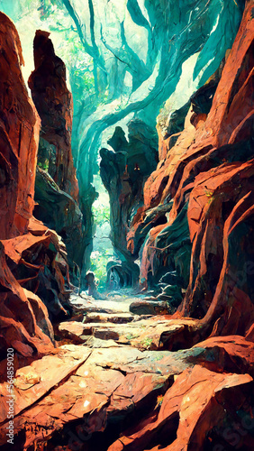 Scene inside the cave with the forest outside illustration Generative AI Content by Midjourney