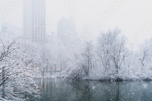 Lake by bare trees in city during snowfall