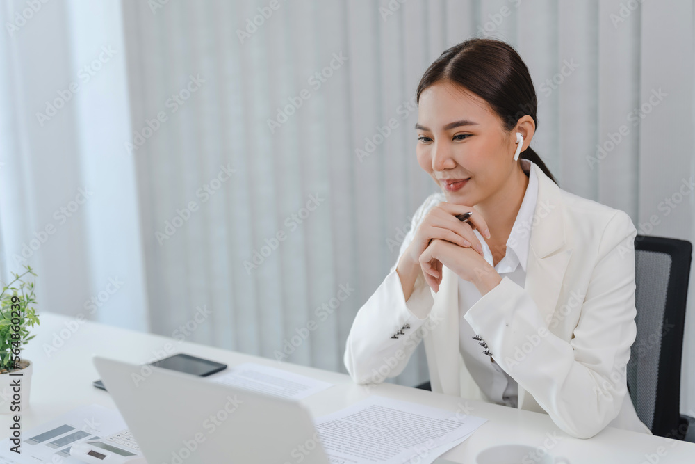 Start up Confident young asian businesswoman working in webcam group video call conference technology Start up Confident young asian businesswoman working in webcam group video call conference technology
