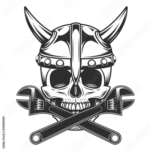 Skull with viking helmet and crossed wrench business builder from new construction and remodeling house illustration