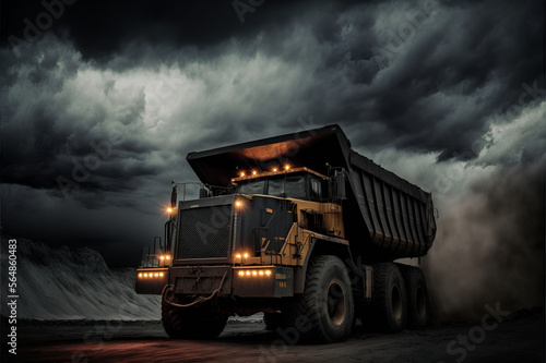 Industrial dark truck in a coal mine. Mineral resources for transportation, creepy black sky.