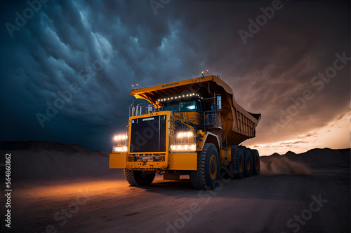 Industrial yellow truck in a coal mine. Mineral resources for transportation  creepy black sky.