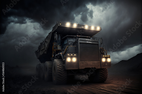 Coal industrial mining dump truck at the mine. Mineral resources for transportation. Black skies  headlights.