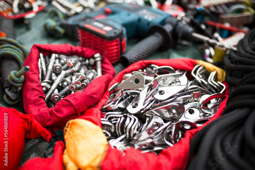 Close up of climbing and high lining gear lying outdoors, Tijesno Canyon, Banja Luka, Bosnia and Herzegovina photo