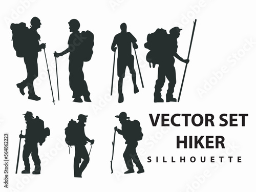 vector set of Hiker and backpaker adventure diferent style Silhouettes, climbing, camping, mountain, isolated on white background  photo