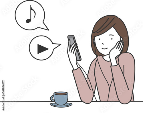 頬杖をついてイヤホンを着けスマートフォンを視聴する女性