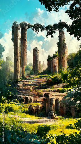 forest old ruin of Greek city or Roman empire historical illustration Generative AI Content by Midjourney