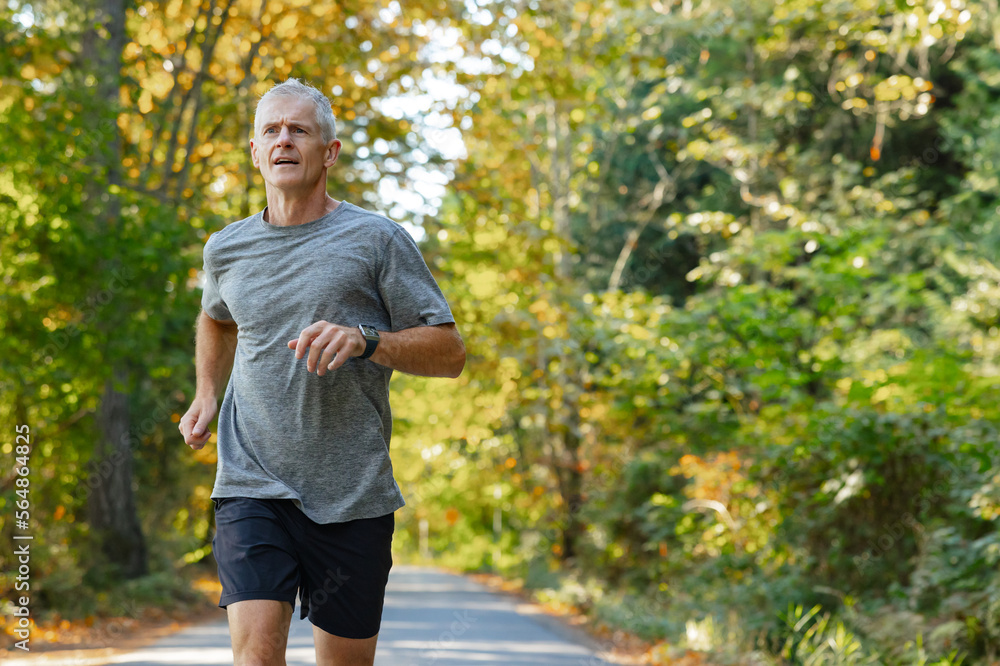 © Rob and Julia Campbell/Stocksy - Runner jogging easily on paved road in the trees.