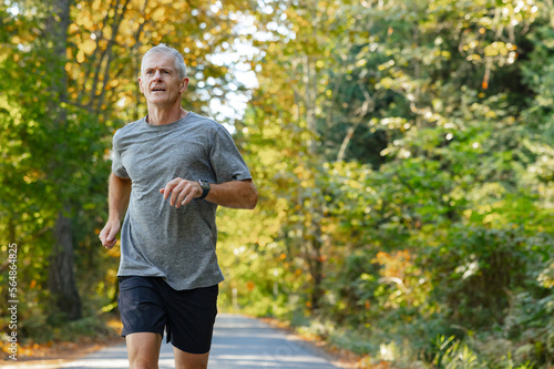 Runner jogging easily on paved road in the trees.