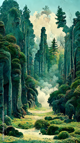 Panorama of foggy forest. in a misty day illustration Generative AI Content by Midjourney © simon