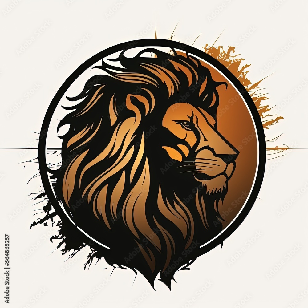 Emblem illustration, lion amulet in orange circle, logo, white background. Generative AI