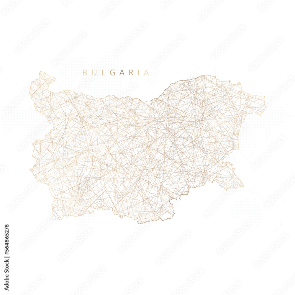 Low poly map of Bulgaria. Gold polygonal wireframe. Glittering vector with gold particles on white background. Vector illustration eps 10.