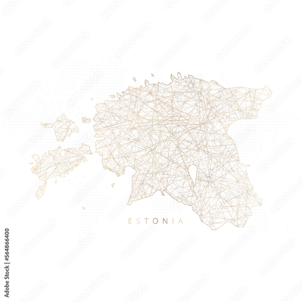 Low poly map of Estonia. Gold polygonal wireframe. Glittering vector with gold particles on white background. Vector illustration eps 10.