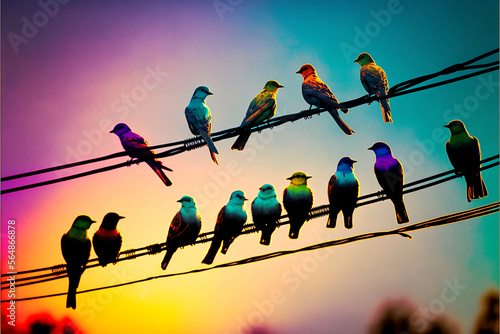 birds on a telephone wire impression painting in bright colors