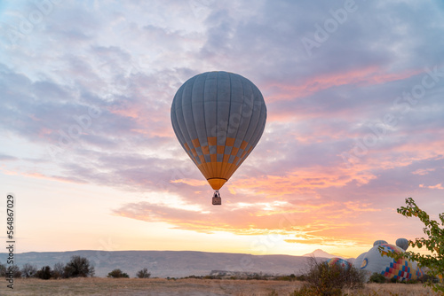 Hot air balloon in soft light of dawn photo
