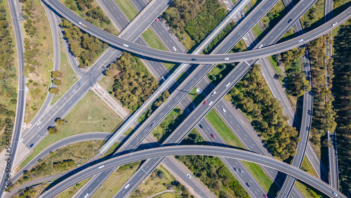 Photography Aerial drone view above the Light Horse Interchange in Sydney, NSW Australia at
