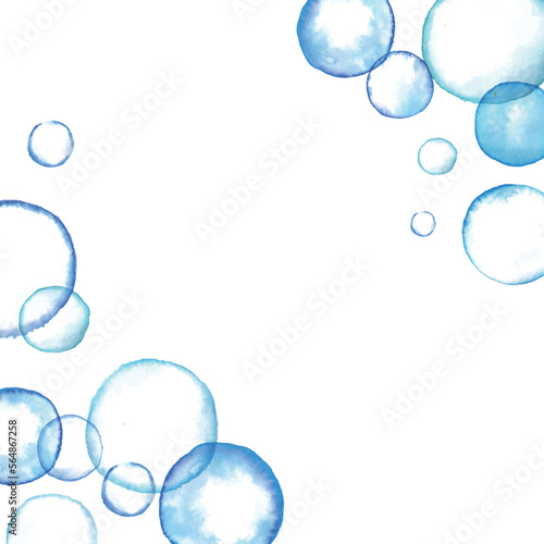  水彩画。水彩タッチのシャボン玉背景。水彩で描いた透明の円ベクター背景。透明の泡フレーム。 Watercolor painting. Soap bubbles background with watercolor touch. Watercolor transparent circle vector background. Transparent bubble frame.