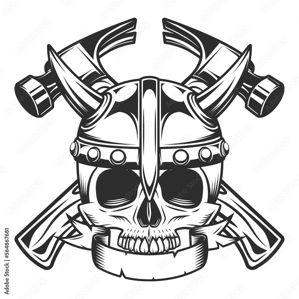 Half skull in viking helmet with ribbon and business builder crossed hammer from new construction and remodeling house illustration Half skull in viking helmet with ribbon and business builder crossed hammer from new construction and remodeling house illustration