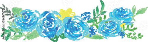 クレヨン画。クレヨンで描いた青い薔薇のイラスト。青い薔薇の手書き薔薇ベクターフレーム。Crayon drawing. Illustration of a blue rose drawn with crayons. Hand drawn rose vector frame of a blue rose.