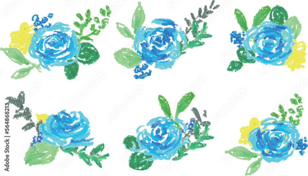 クレヨン画。クレヨンで描いた青い薔薇のイラスト。青い薔薇の手書き薔薇ベクターセット。Crayon drawing. Illustration of blue roses drawn with crayons. Blue rose hand drawn rose vector set.