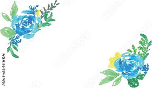 クレヨン画。クレヨンで描いた青い薔薇のイラスト。青い薔薇の手書き薔薇ベクターフレーム。Crayon drawing. Illustration of a blue rose drawn with crayons. Hand drawn rose vector frame of a blue rose.