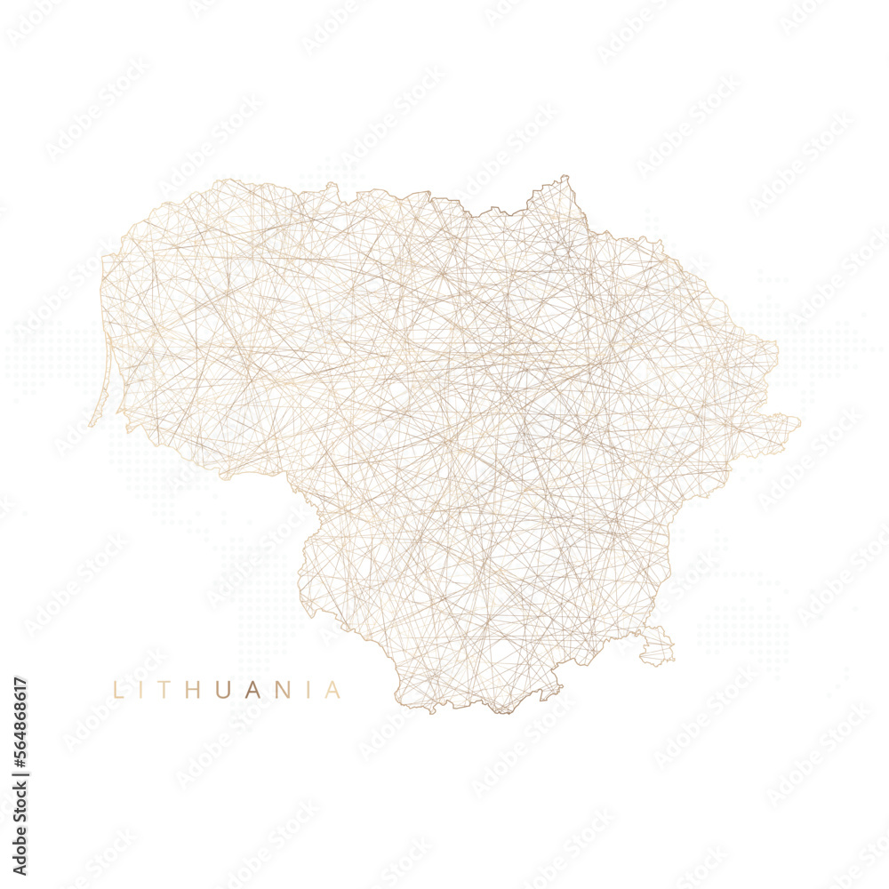 Low poly map of Lithuania. Gold polygonal wireframe. Glittering vector with gold particles on white background. Vector illustration eps 10. Low poly map of Lithuania. Gold polygonal wireframe. Glittering vector with gold particles on white background. Vector illustration eps 10.