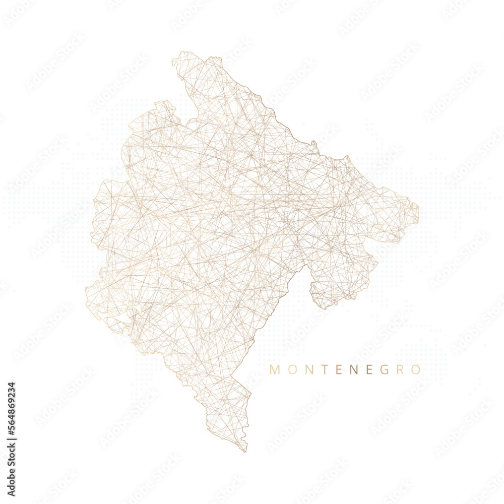 Low poly map of Montenegro. Gold polygonal wireframe. Glittering vector with gold particles on white background. Vector illustration eps 10. Low poly map of Montenegro. Gold polygonal wireframe. Glittering vector with gold particles on white background. Vector illustration eps 10.